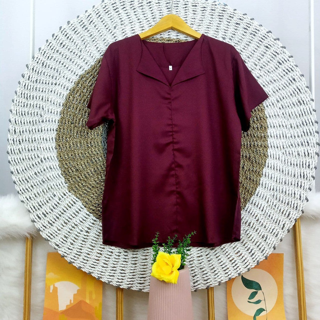 ATASAN BLOUSE LENGAN PENDEK JUMBO BIGSIZE OVERSIZE LD 110 120 130 140-Burgundy