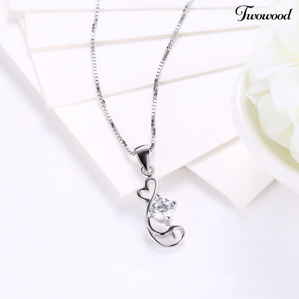 Twowood SILVERHOO Women Necklace Heart Shape Cubic Zirconia 925 Silver Hollow Out Pendant Long Lasting Clavicle Chain for Wedding