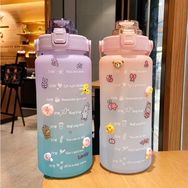 ❤️ SUHU ❤️ BOTOL MINUM MOTIVASI VIRAL GRADIASI PASTEL PENANDA WAKTU QUITFIT 2 LITER 2000ML STICKER 3D