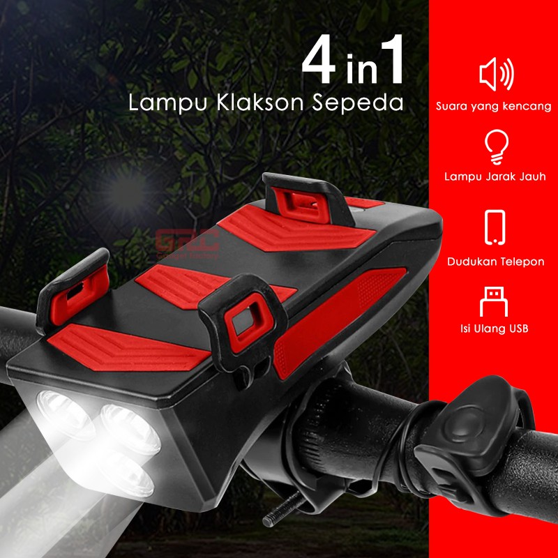 Lampu Sepeda Depan 4 in 1 Phone Bracket Light Bike Bell Power Bank