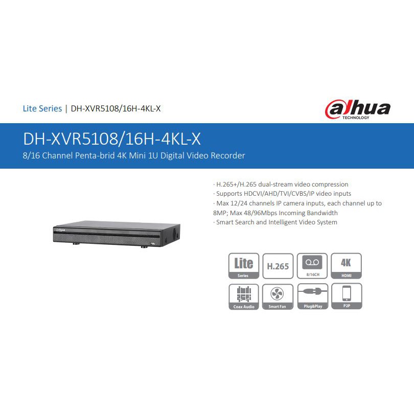 XVR Dahua XVR5108H-4KL-X Lite Series 1080P realtime