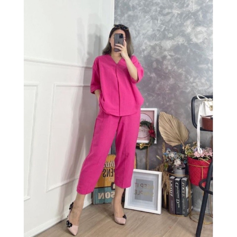 kode 35600 setelan wanita import set katun linen bagus korea korean style celana panjang kemeja baju