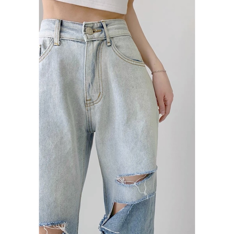 JEANS RIPPED IMPORT HIGHWAIST CELANA PANTS DENIM BAGGY CULLOTE HW LOOSE UNFINISH MX802