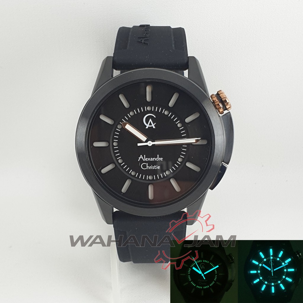 Alexandre Christie AC 8632 MH / Jam Tangan Pria AC8632 Karet Rubber Hitam Rosegold Black Lampu Light