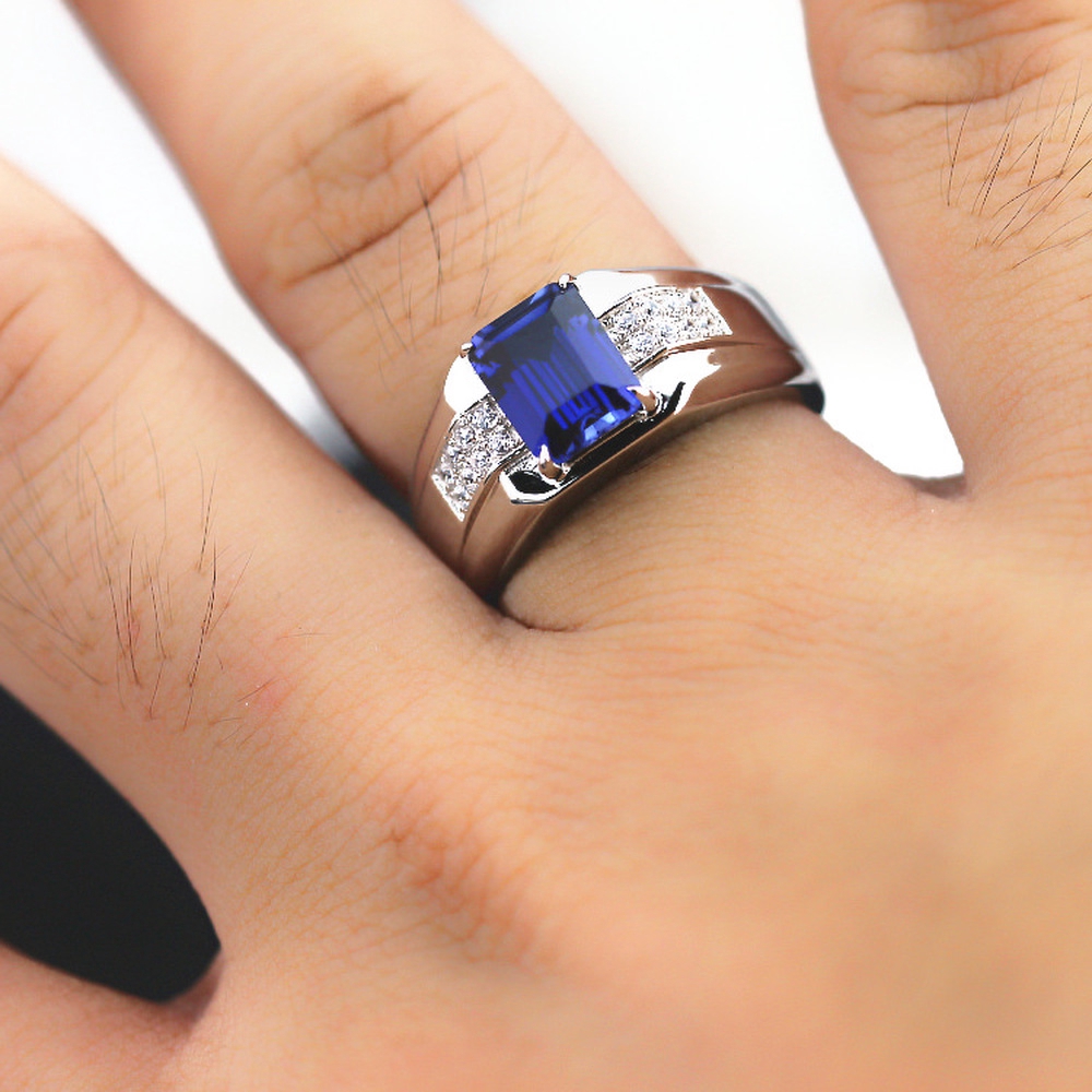 Cincin Baja Titanium Safir Perak S925 Fashion Jewelry Pria Wanita Biru Berlian Kristal Silver Rings