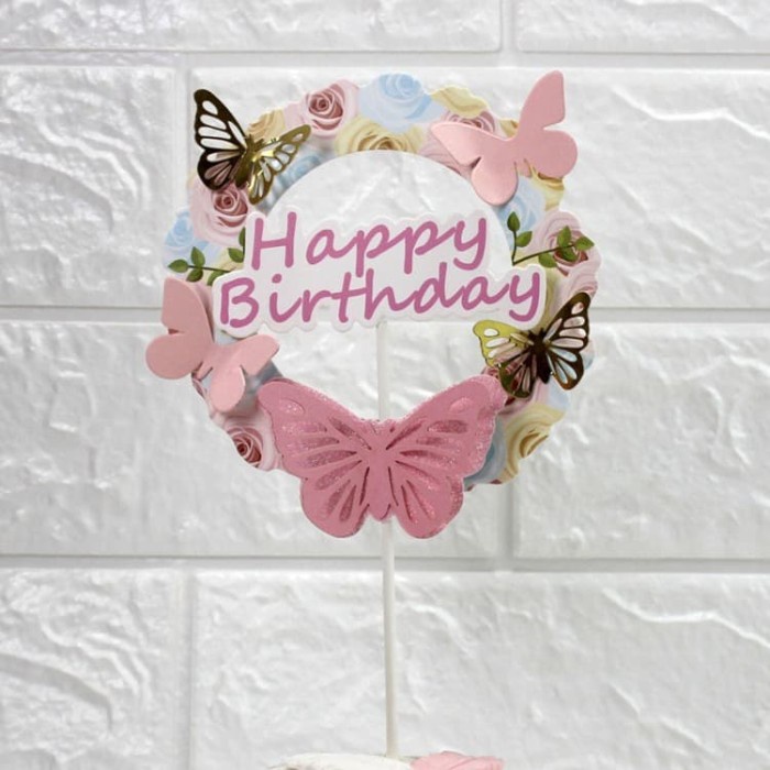 

KUE-PENGHIAS-ALAT- TOPPER CAKE / HIASAN KUE SET MODEL BULAT HBD BUNGA FLORAL PINK BLUE - MERAH MUDA