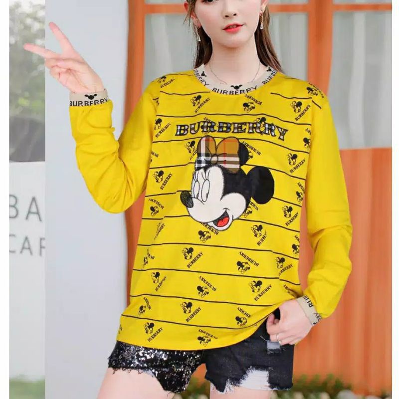 Atasan Kaos Import Wanita Premium Mickey Garis Burberry Mojo Cantik