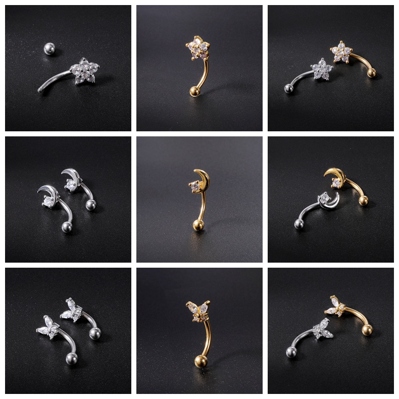 1pc Anting Tindik Bibir / Alis / Tulang Rawan Telinga / Pusar Desain Bunga Kristal Hitam Bahan Stainless Steel