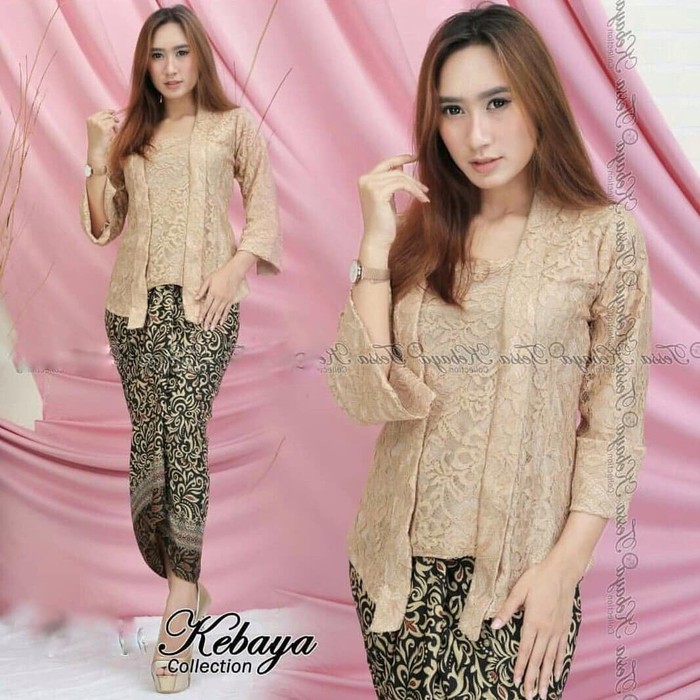 kebaya kutubaru/setelan kebaya moderen/kebaya brukat full furing/kebaya kekinian/warna gold/hitam-set mocca