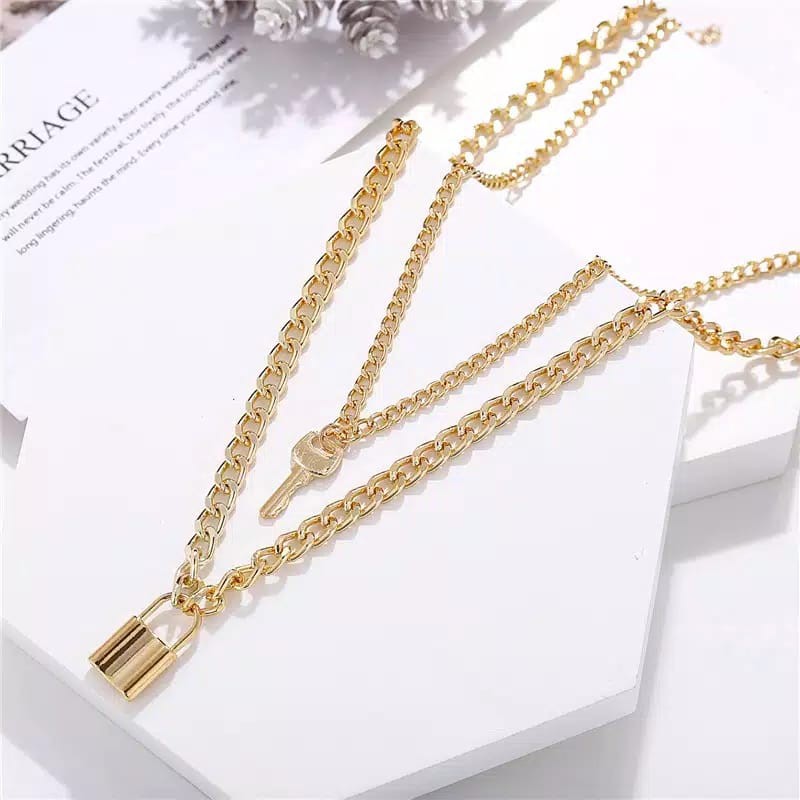 ✨BAYAR DITEMPAT✨ Kalung Kunci/Kalung Gembok/Kalung Multi Layer/Kalung Lapis Emas/Kalung Wanita Korea