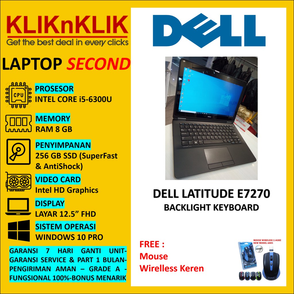 LAPTOP SECOND DELL LATITUDE E7270 CORE i5-6300U RAM 8 GB SSD 256 GB FHD BACKLIGHT WIN10PRO