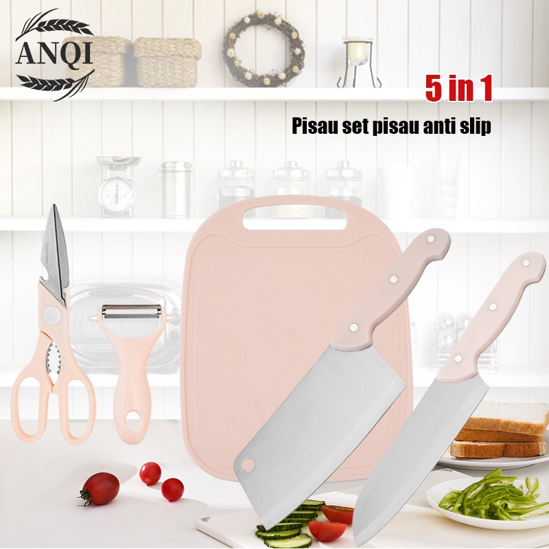 ANQI 1888 Korean Set Pisau Dapur Lengkap Grinder Peeler Chef Knife Cleaver Knife 5 Pcs in1 VS-1843