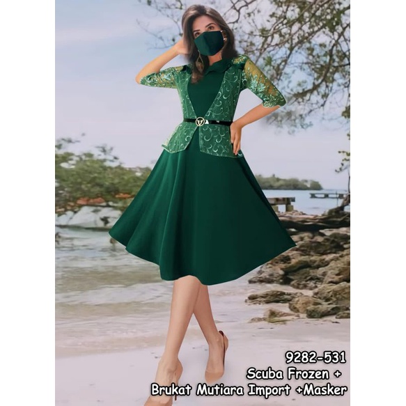 Dress import bahan scuba frozen mix brukat mutiara import  termasuk masker, free size ld 88-96cm bis