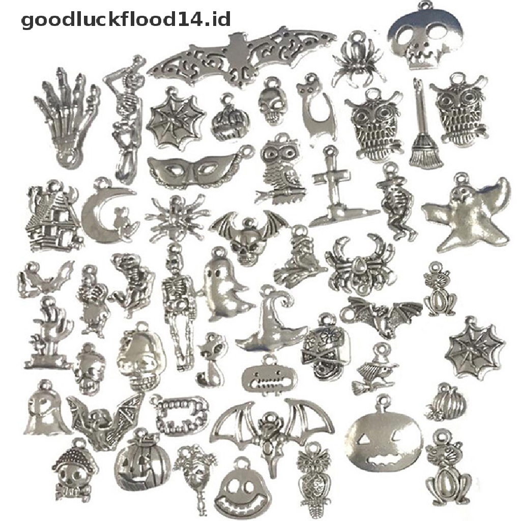 [OOID] 50Pcs Mixed Halloween Bat Skeleton Silver Charms Pendants DIY Jewelry Making ID