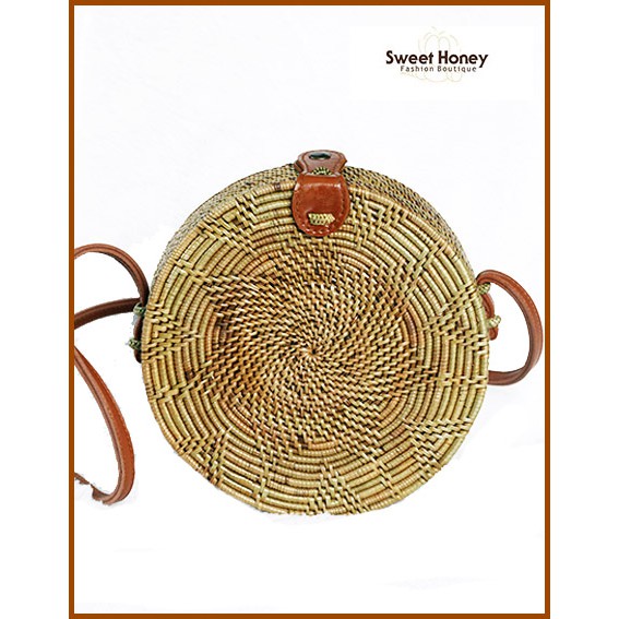 Sweet Honey Tas Rotan Ate Bulat Coklat Natural Motif Flower Rattan Bag Natural Diameter 20cm