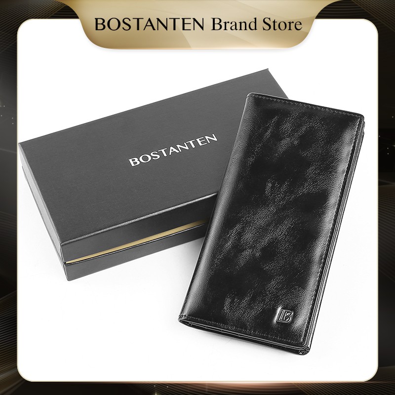 BOSTANTEN Dompet Lipat Panjang Pria Slot Kartu Kulit PU Warna Hitam/Kopi