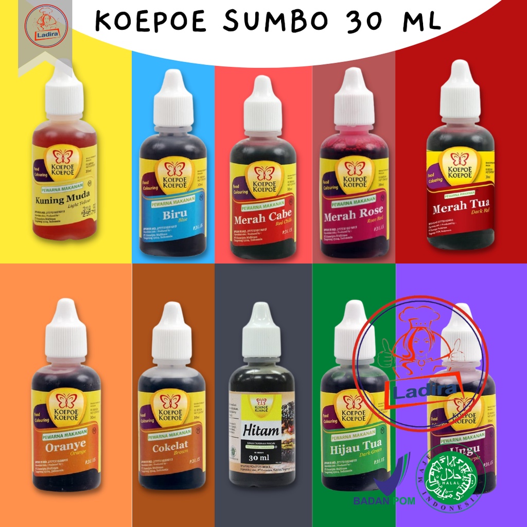 

KOEPOE SUMBO 30 ML bahan kue murah pewarna kue adonan kue BIRU / KUNING MUDA / MERAH CABE / MERAH ROSE / MERAH TUA / ORANGE / COKLAT / HITAM / HIJAU TUA / UNGU halal BPOM 30ml