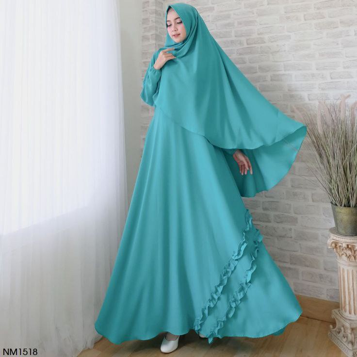 Real Pict NM1518 - Fashion Muslim Wanita Gamis Dress Lebaran Set Khimar Bergo Polos Busui Friendly