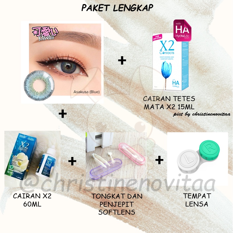 Paket Softlens Lengkap - Kawaii by Exoticon 14.5mm (Normal) + Cairan X2 60 ml + Pinset + Cairan Tetes Mata X2 15 ml