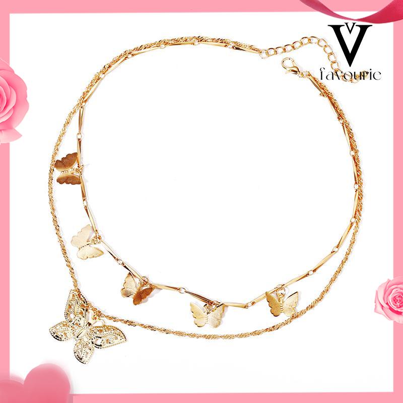 [COD]Liontin Kupu-kupu Kalung Multilayer Kreatif Vintage Alloy Double Layer Necklace-FA