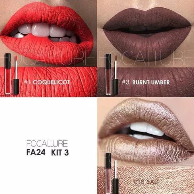 (READY &amp; ORI) Focallure 3Pcs Lip Matte Lipstick Crayon Nude Kado Gift Kit 3 warna Shade - FA24 FA 24 Lip Matte Lip Cream Tahan Lama Waterproof