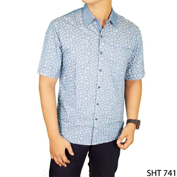 Kemeja Slim Fit Pria Lengan Pendek Katun Biru – SHT 741