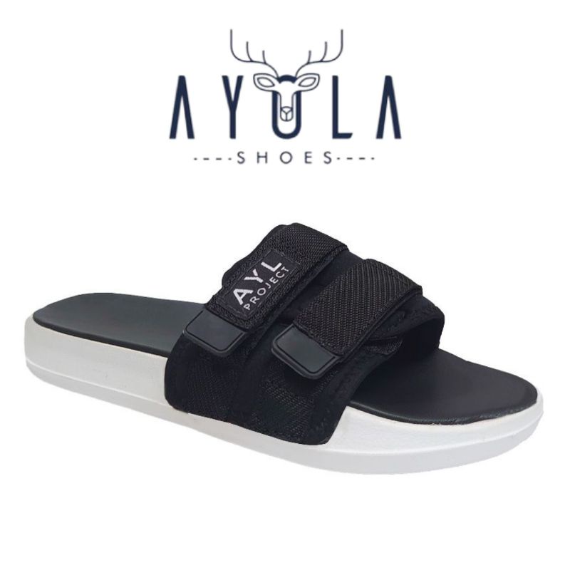 Sandal Slide Pria / Sandal Selop Pria Sandal Slip On Sandal Pria terbaru AYL Project V 2 Strap Black White