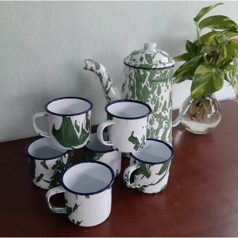 TEKO CERET MUG CANGKIR ENAMEL SENG KALENG BLIRIK BLURIK LURIK BURIK LOREK LORENG BATIK HIJAU 1 SET