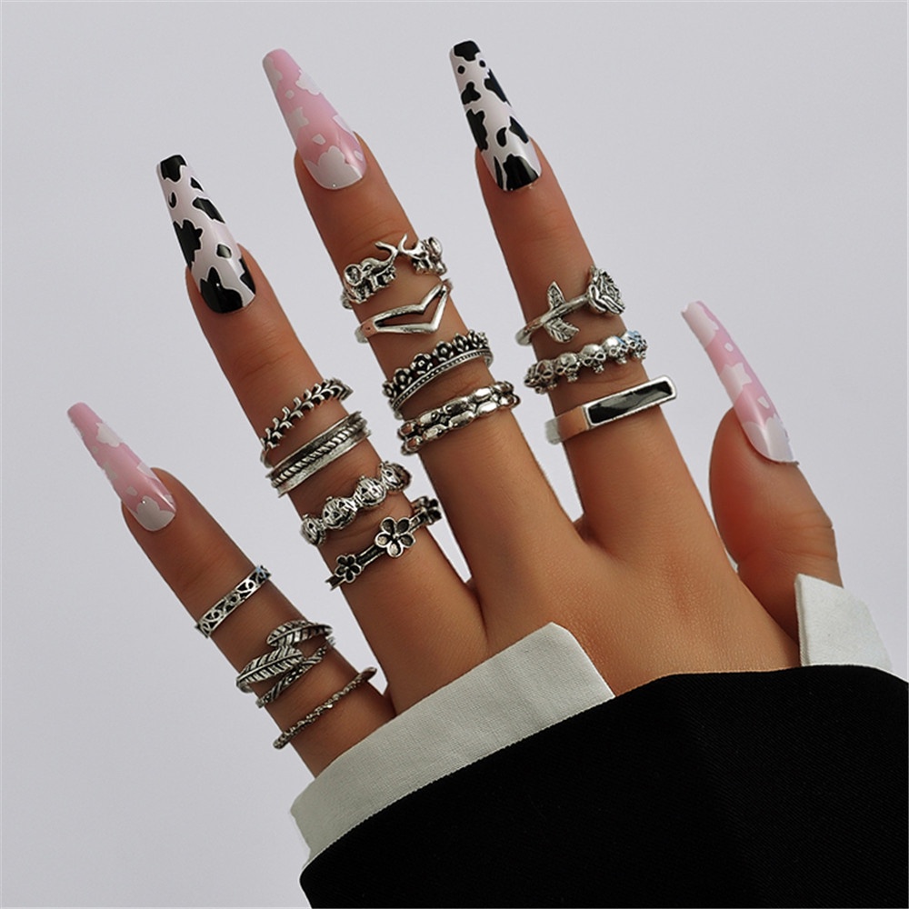 15pcs / set Cincin Bentuk Gajah Bunga Tengkorak Geometris Bahan Logam Gaya Retro Untuk Wanita
