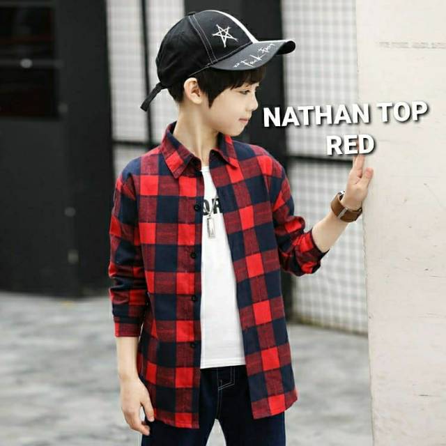 NATHAN TOP RED /KEMEJA LENGAN PANJANG ANAK LAKI LAKI MOTIF KOTAK MERAH / BAJU KOKO ANAK COWOK IMPORT