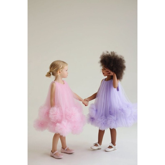 dress pom pom tutu anak perempuan baju pesta ulang tahun ultah free bandana