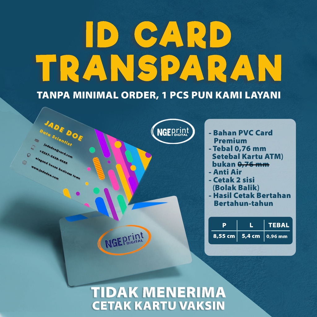 

[TRANSPARANT] Cetak ID Card Transparan / ID Card Transparen / ID Card Transparant Premium / Loyality Card Transparant / Kartu Pelajar Transparant / Member Card Transparant