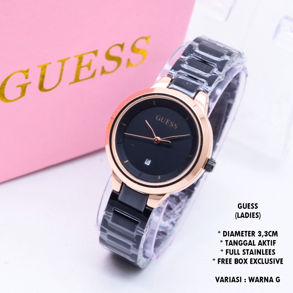 (FREE BOX) JAM TANGAN WANITA GUESS RANTAI BODY BULAT TANGGAL AKTIF