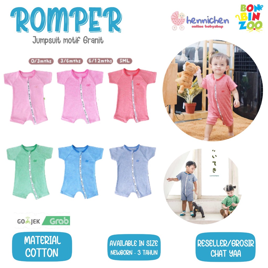 Romper BonBinZoo 0-3 tahun Motif Granit / Jumspuit Bayi / Sleepsuit Resleting