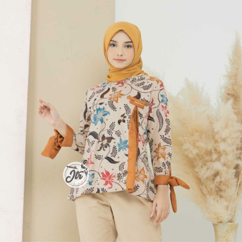 tey-17 Batik wanita ASJ SA HRB026 Kenongo Kemeja Tosca Pendek-Ayana kunyit