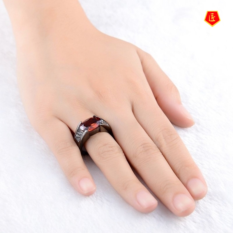 [Ready Stock]Inlaid Ruby Black Gold Ring Party Wedding Ring