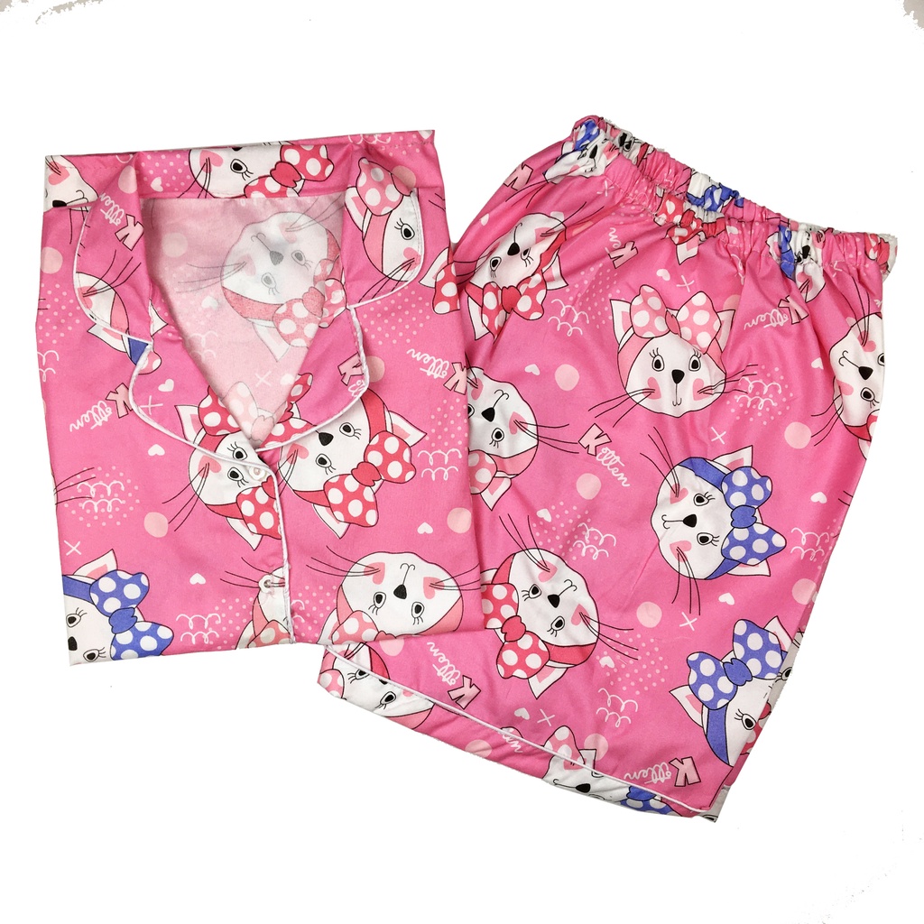 Setelan Piyama Dewasa Celana Pendek Lengan Pendek Hotpant All Size-HPL KITTEN PINK