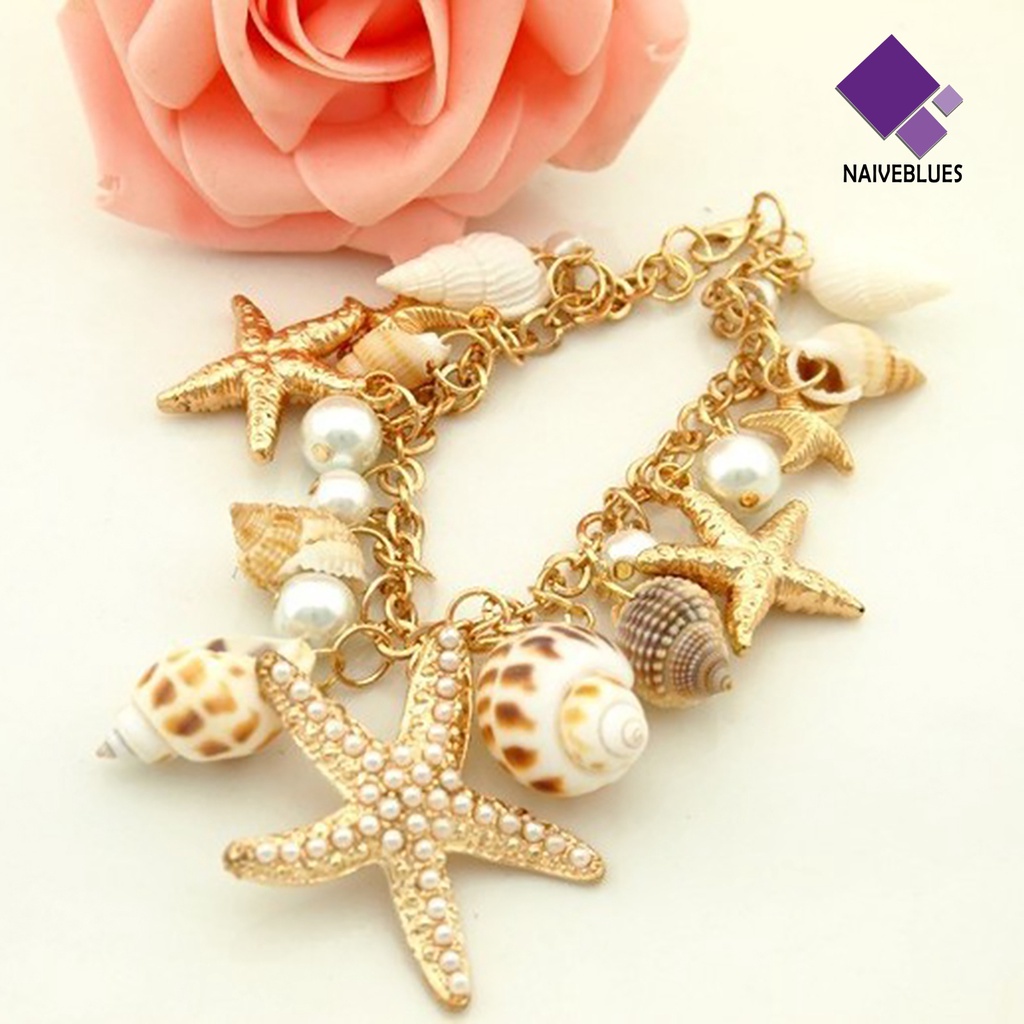 Naiveblue &gt; Gelang Tangan Rantai Adjustable Motif Laut Warna Gold Untuk Wanita / Pantai