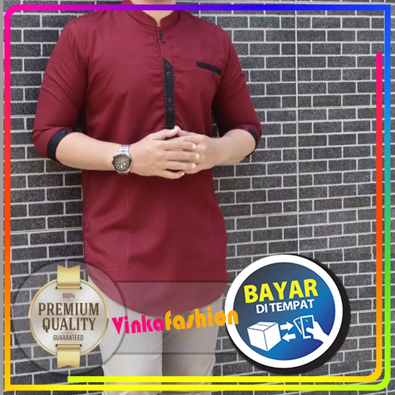 Baju Koko Cowok Pria Polos Terkini Santri Gaul Casual Ala Gus-Azmi Pakistan Kekinian Maroon