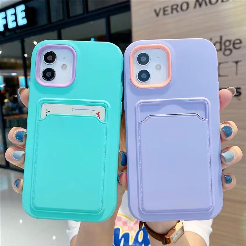 3in1 Warna Silicone Card Holder case Handphone IPhone 11 12 13 14 Pro max X XS Xr 7 8 Plus Sarung case shockproof