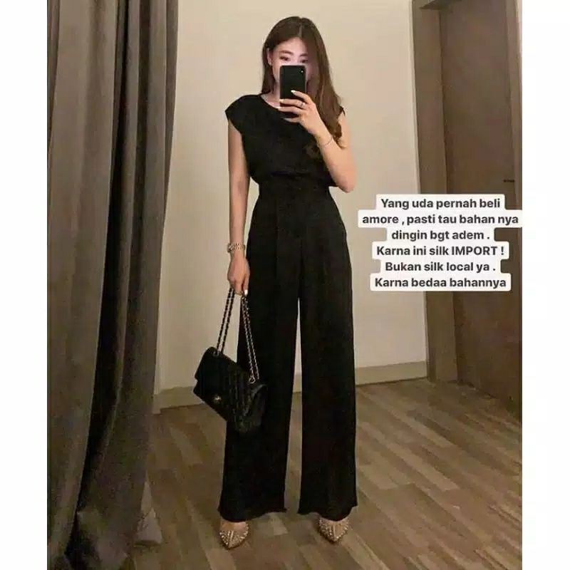 GOULDING - Amore Set (BLACK/PEARL) Set Atasan Celana Kulot High Waist Silk Dalaman Inner