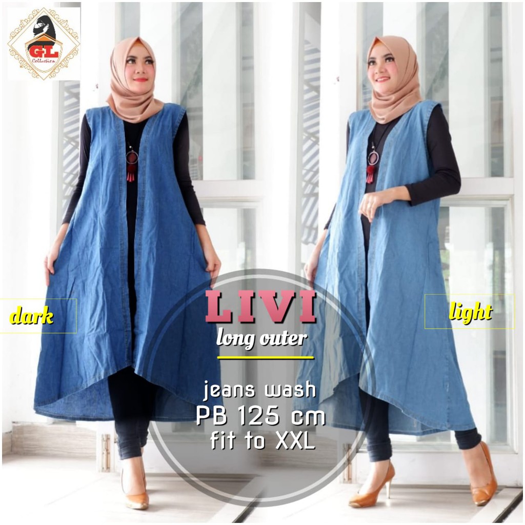 outer rompi jeans panjang livi long outer denim murah