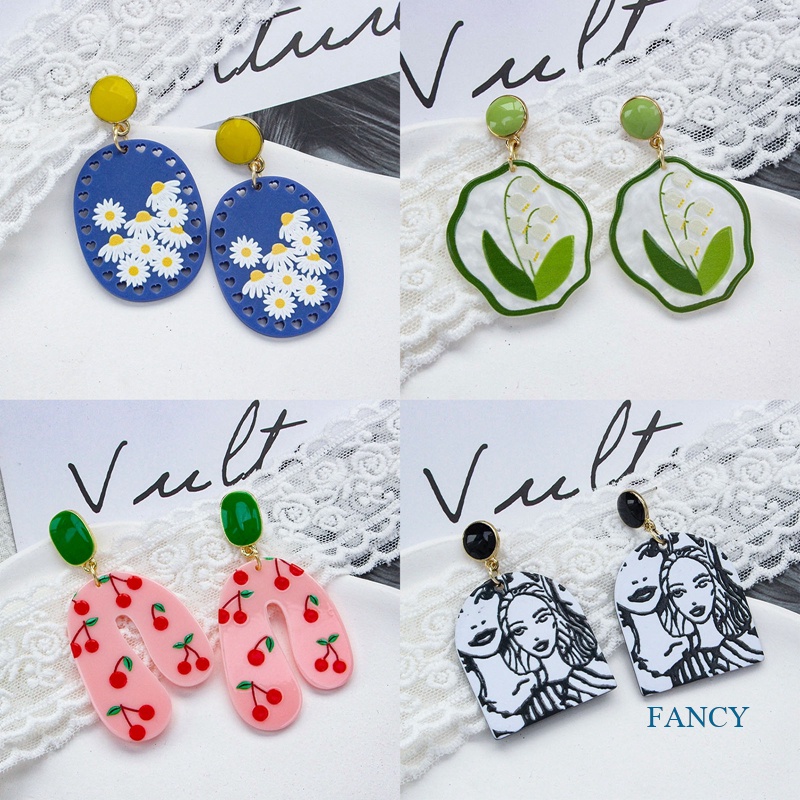 Anting Stud Desain Bunga Daisy Warna Putih Oranye Hijau Putih Untuk Wanita