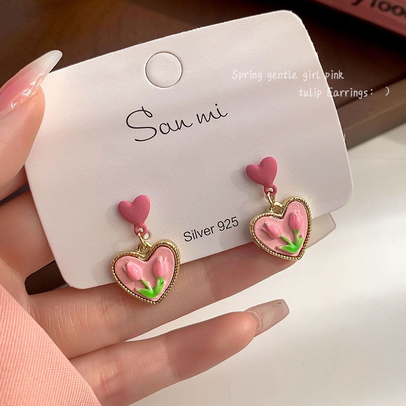 Anting Stud 925 Sterling Silver Bentuk Bunga Hati Aksen Mutiara Gaya Korea Untuk Wanita