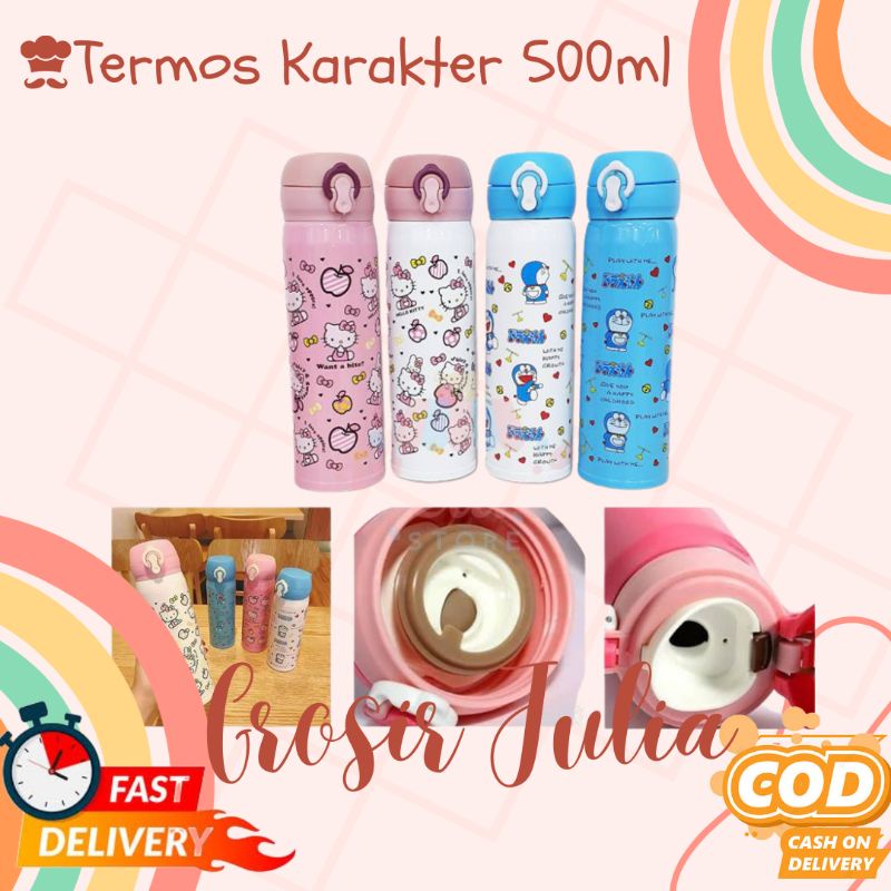 Termos Kancing Motif Polos 500ml Safety Lock Botol Minum Tahan Panas Dingin