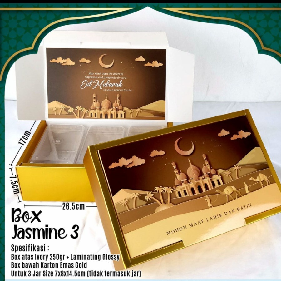 

Kotak Kardus Box Lebaran Idul Fitri Cookies Kuker Muat 3 toples 350gr 5pcs