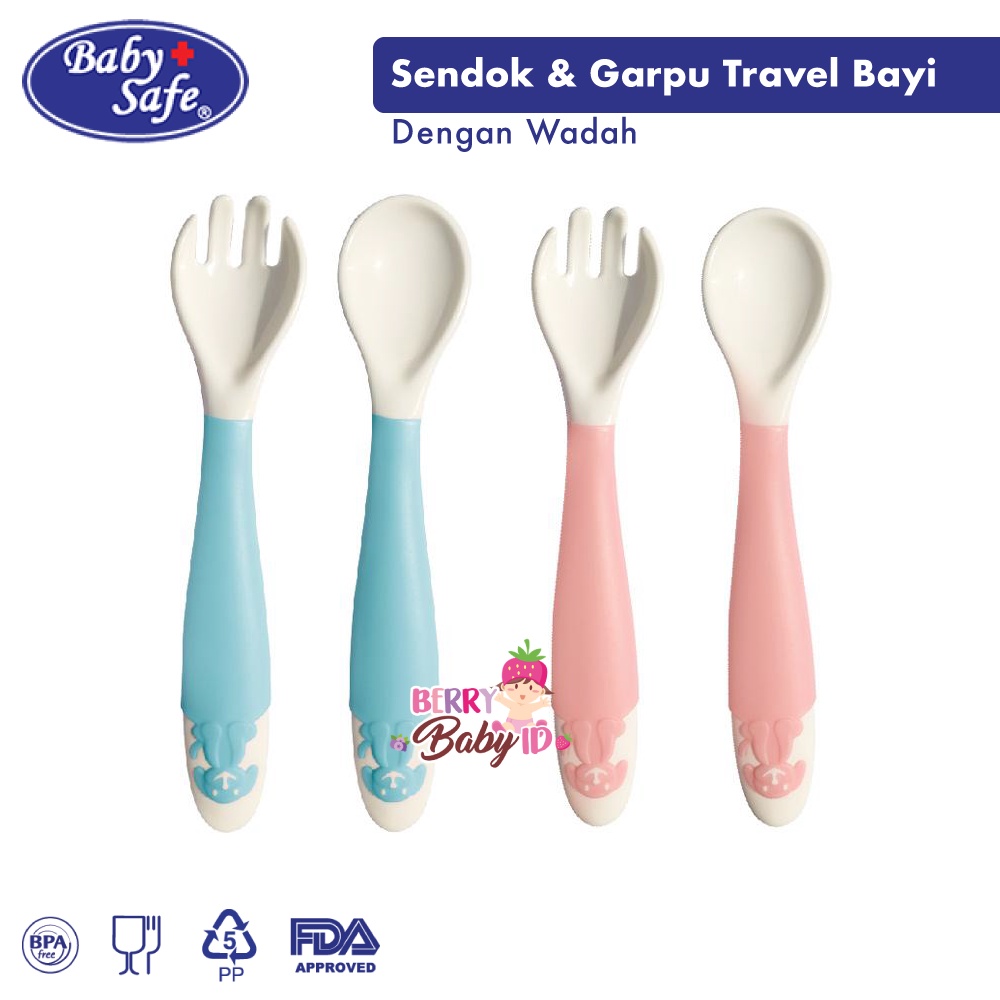 Baby Safe Bendable Spoon &amp; Fork Sendok Garpu Bayi Travel dengan Wadah BBS081 Berry Mart