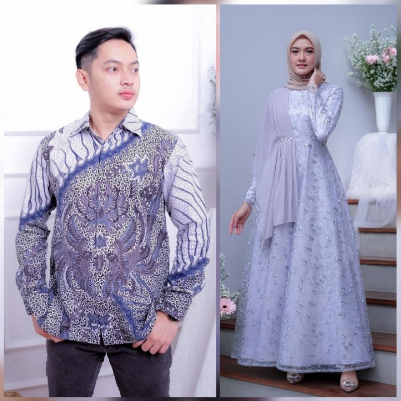 BATIK EXPRESS SOLO Batik Couple Anjela Elena Tulle mutiara kombinasi ceruty payet &amp; kemeja batik