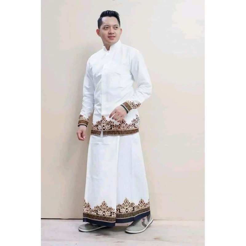 setelan baju Koko batik +sarung / celana sarung motif tumpal putih