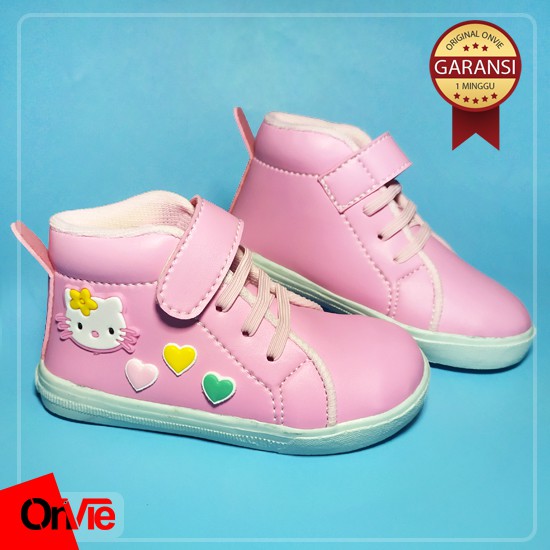 Sepatu Boots Anak Perempuan Hitam Putih Pink Motif Love Kitty Lucu | Sepatu Kids Onvie